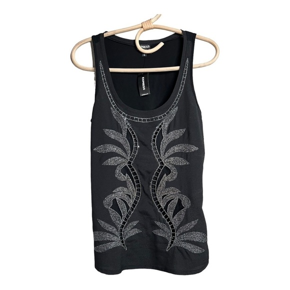 Express Black Silver Metallic Embroidered  Embellished Tank Top/Cami Size XS NEW - Picture 1 of 14